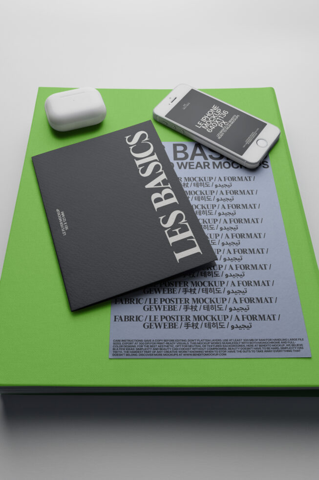 Flat lay mockup setup with bright green background showing phone, earbuds, poster
