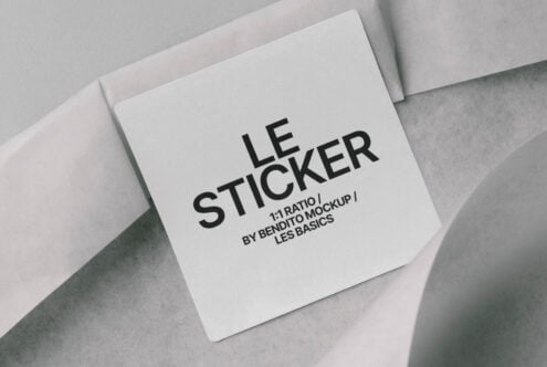 White square sticker mockup on fabric with Les Basics design detail