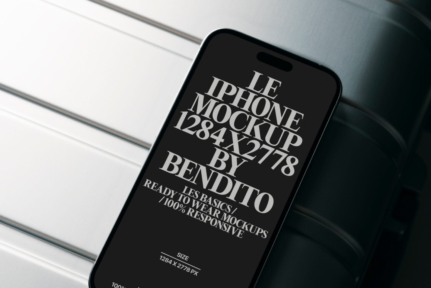 Dark iPhone mockup with white typography centered on black display