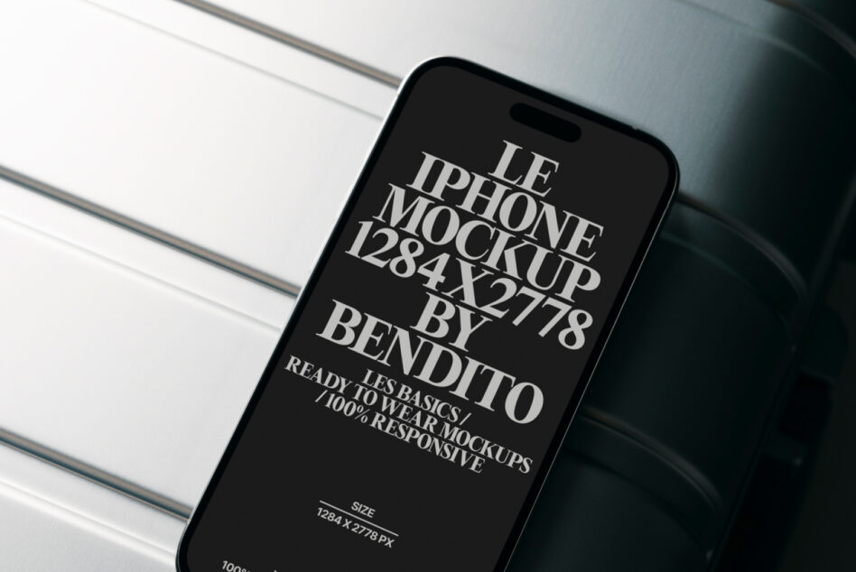 Dark iPhone mockup with white typography centered on black display