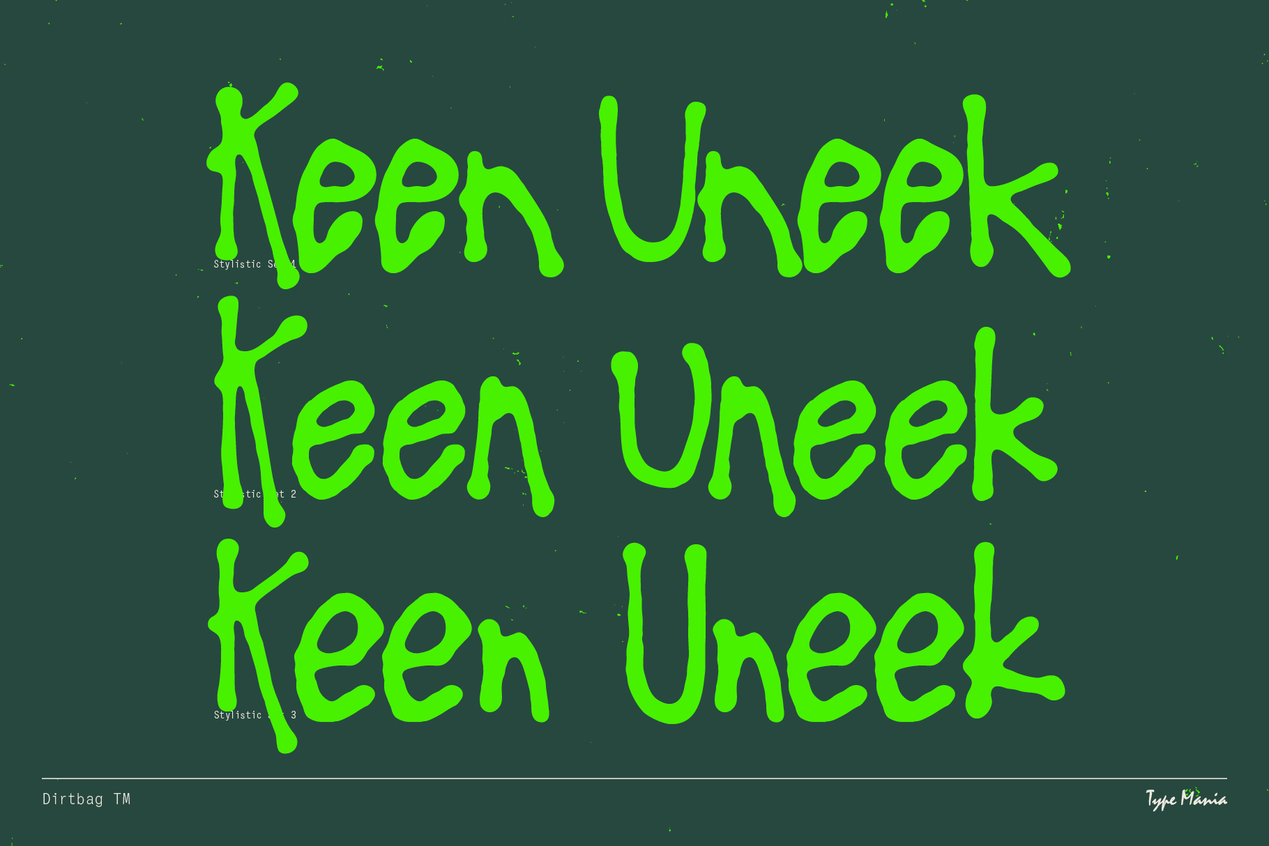 Three neon green text variations of Keen Uneek stacked on dark teal background
