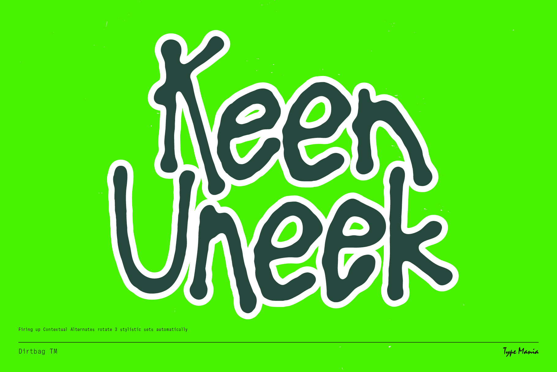 Neon green outlined text on bright green background saying Keen Uneek