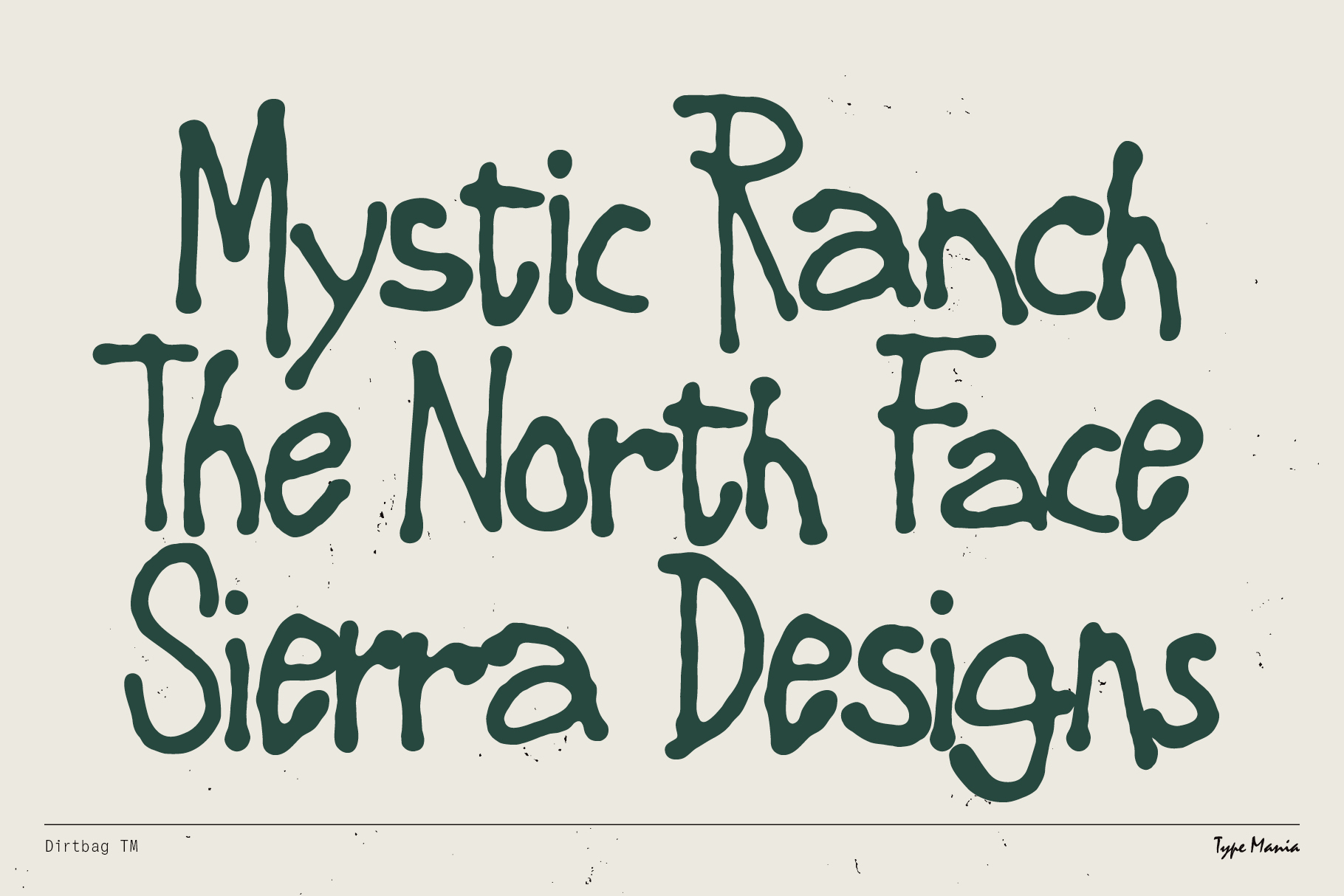 Handwritten green text on beige reading Mystic Ranch The North Face Sierra Designs