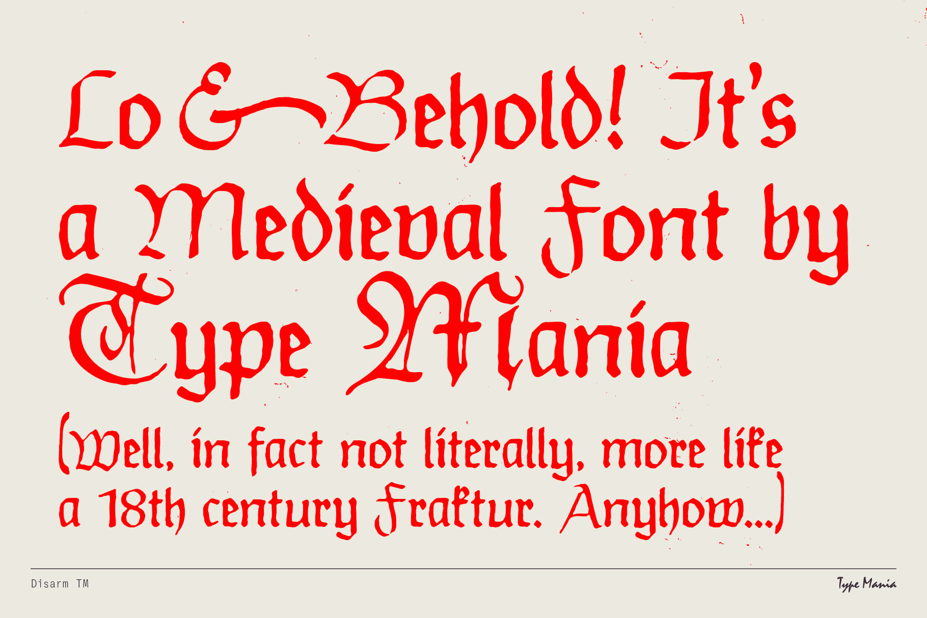 Lo Behold medieval font in red with descriptive text