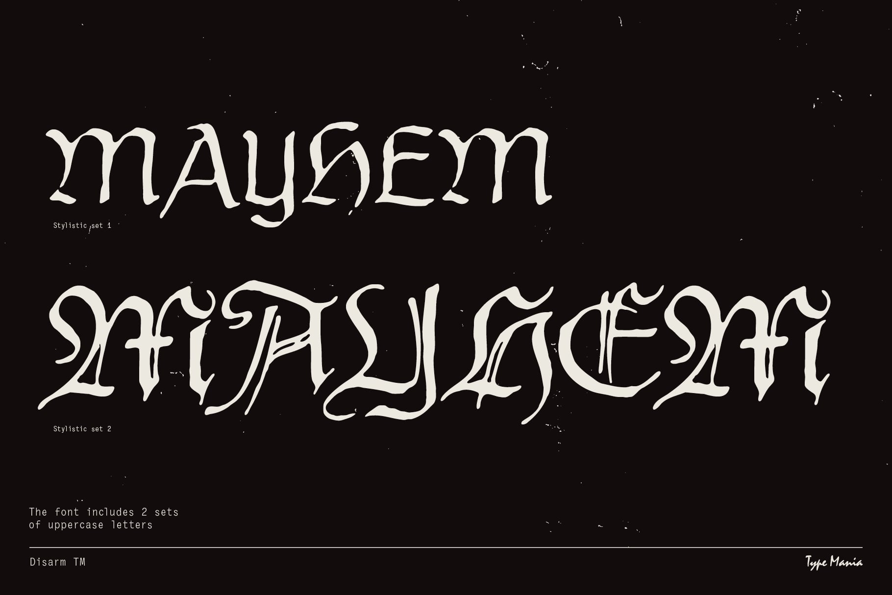 Mayhem Infidel font showcase two stylistic uppercase sets