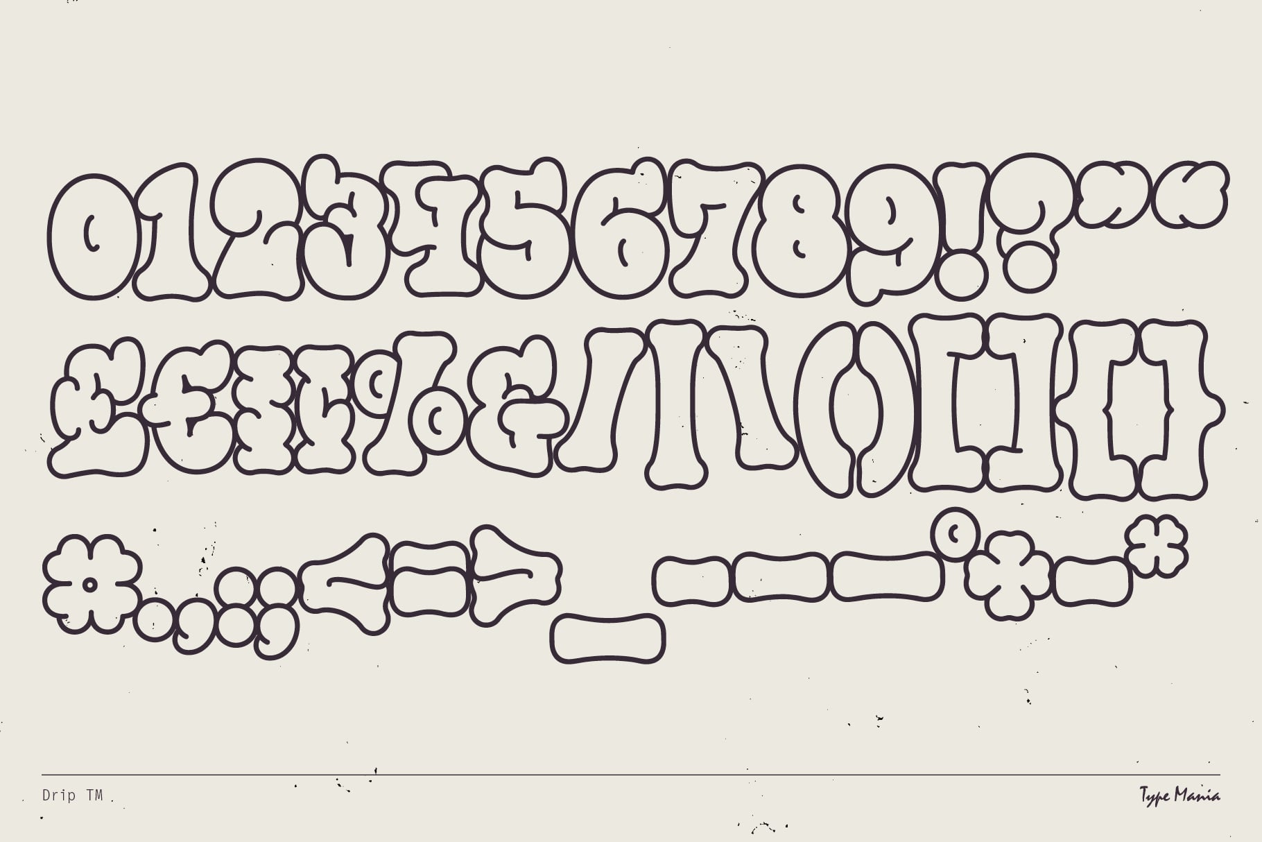 Drip font alphabet digits shown with bubbly ornament shapes outlined