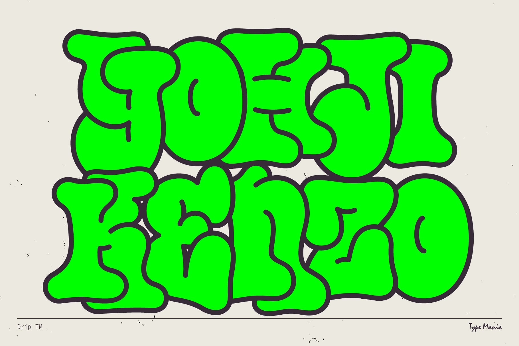 Vibrant green puffy letters with bold purple outlines two rows