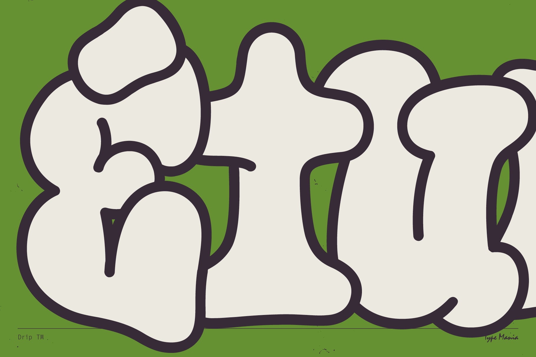 Chunky white organic shaped letters outlined in dark on green