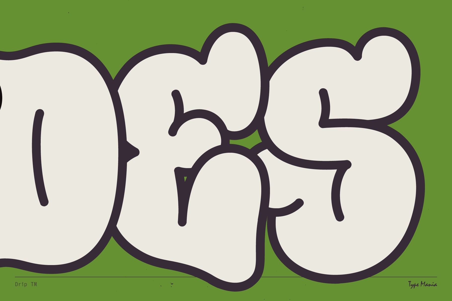 Simple white blob letters with thick black outlines on green
