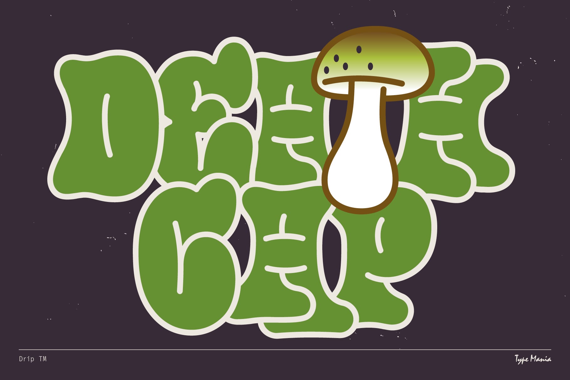 Green leaf shapes forming words with mushroom illustration centered
