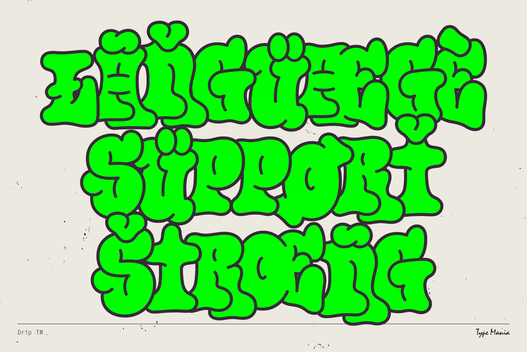 Bright lime green rounded bubble letters on off white surface