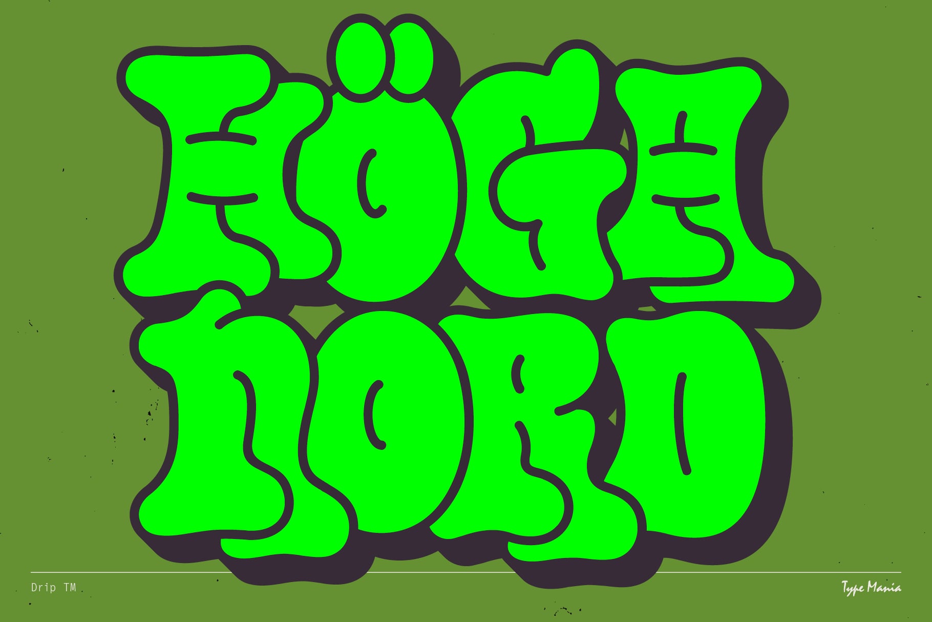 Neon green bubbly letters spelling out text on olive background