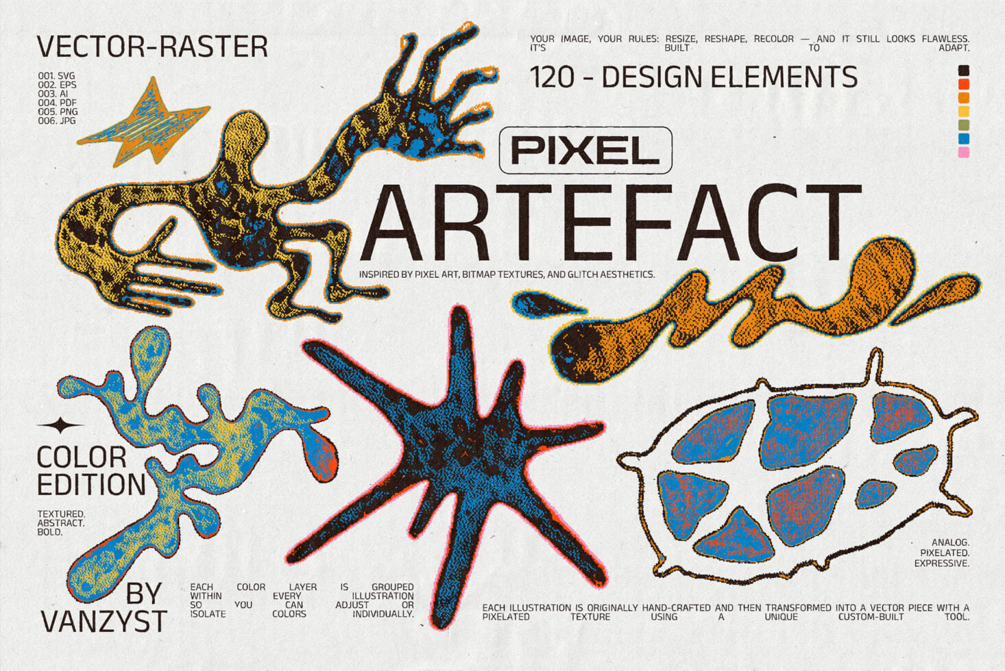 Pixel Artifact 120 design elements by Vanzyst with pixelated textures, glitch shapes, bitmap creatures