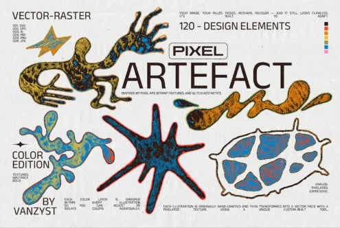 Pixel Artifact 120 design elements by Vanzyst with pixelated textures, glitch shapes, bitmap creatures
