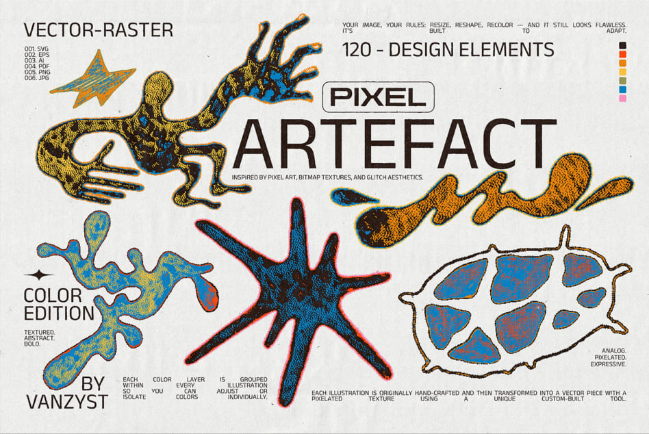 Pixel Artifact 120 design elements by Vanzyst with pixelated textures, glitch shapes, bitmap creatures