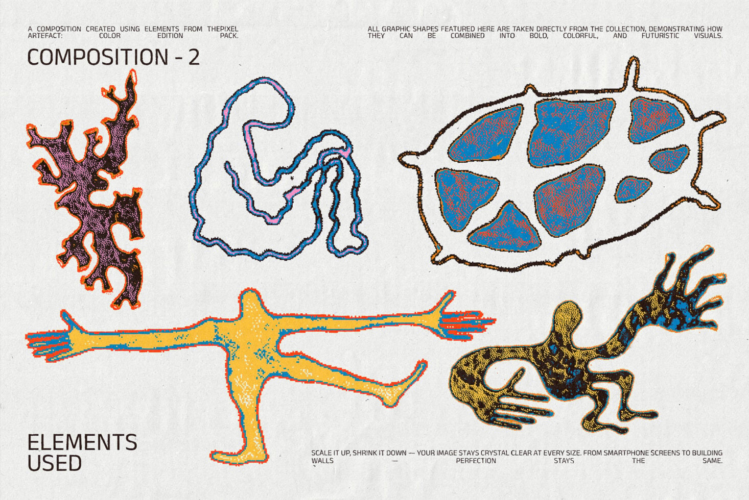 Composition with large textured blob form, figure, star, shapes mixed