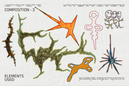 Pixel Artifact Composition 3 showing textured creatures, stars, wavy forms in orange teal yellow green