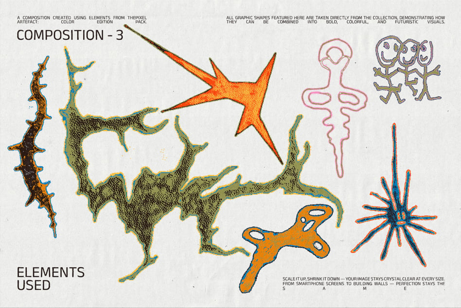 Pixel Artifact Composition 3 showing textured creatures, stars, wavy forms in orange teal yellow green
