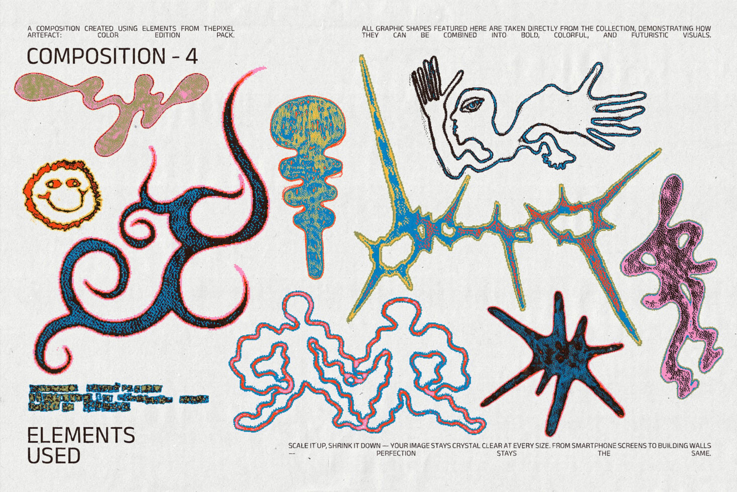 Composition of mixed shapes, faces, creatures combining asset elements