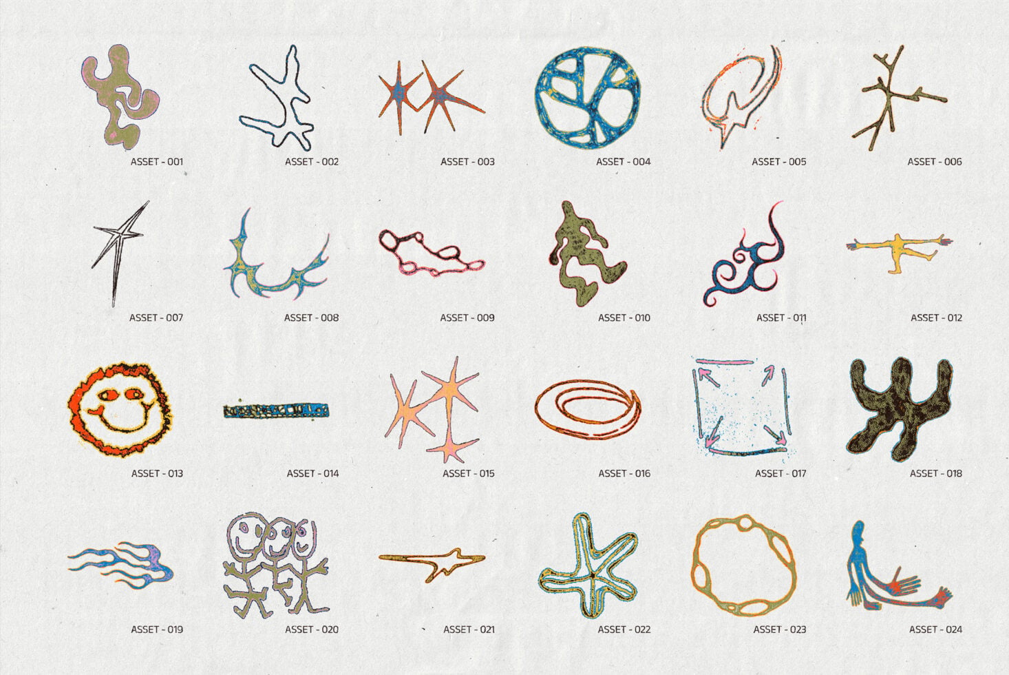 Grid of 24 playful hand-drawn shapes with varied colors, doodle style