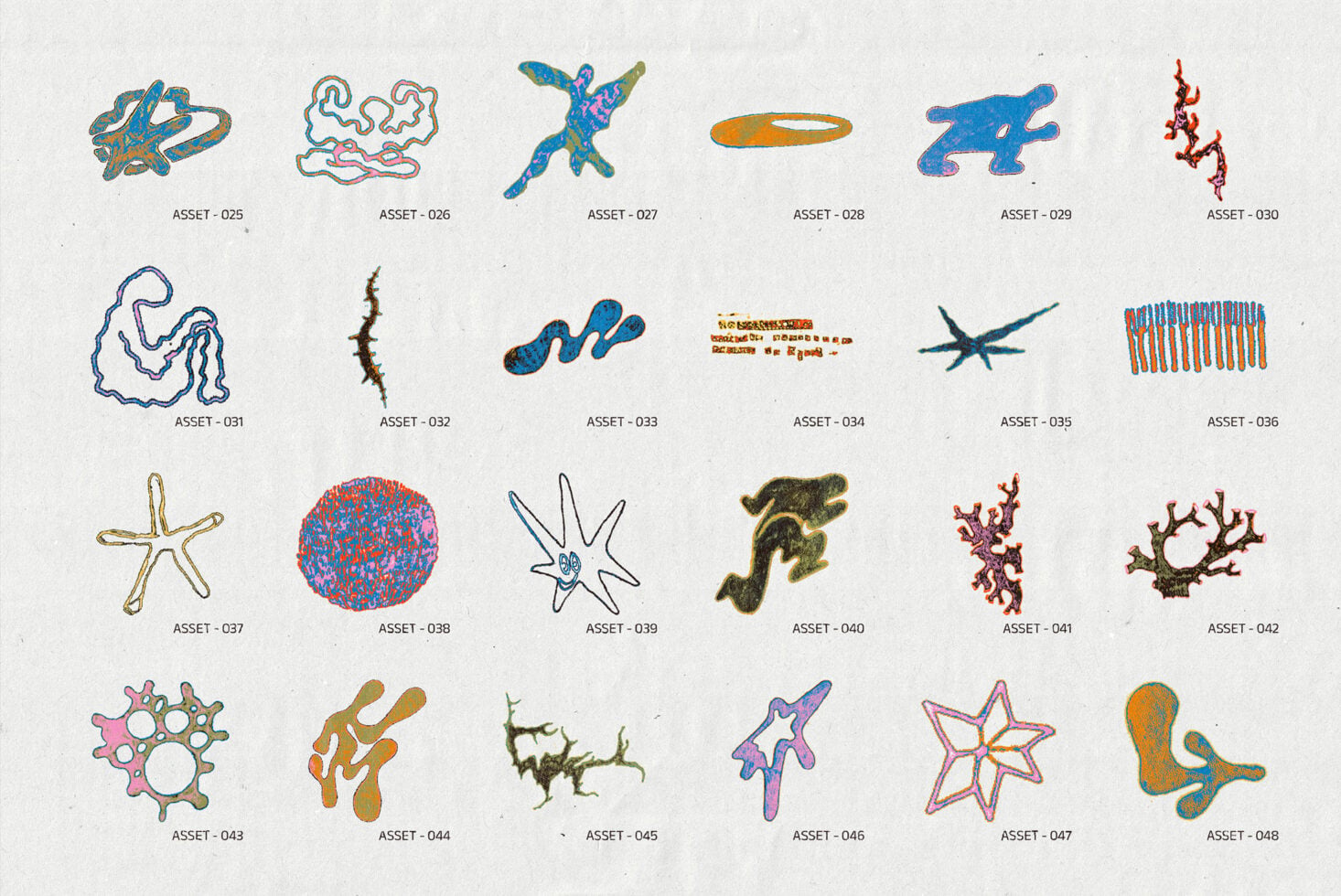 Grid of 24 colorful organic blobs, creatures, spiky forms, wavy lines