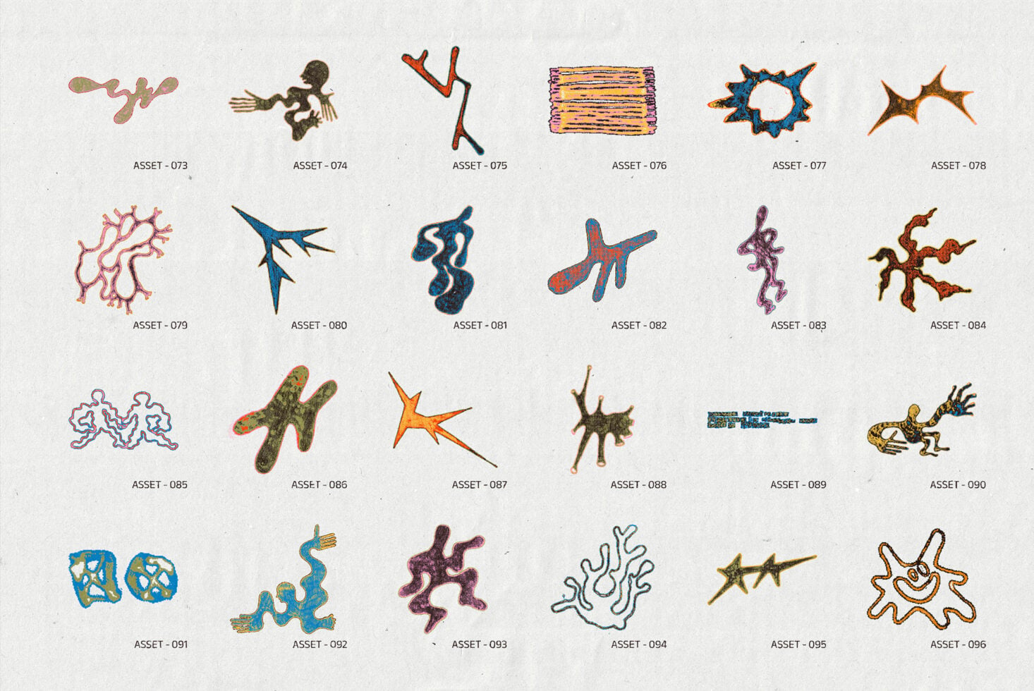 Grid of 24 colorful hand-drawn organic shapes, squiggles, stars, circles