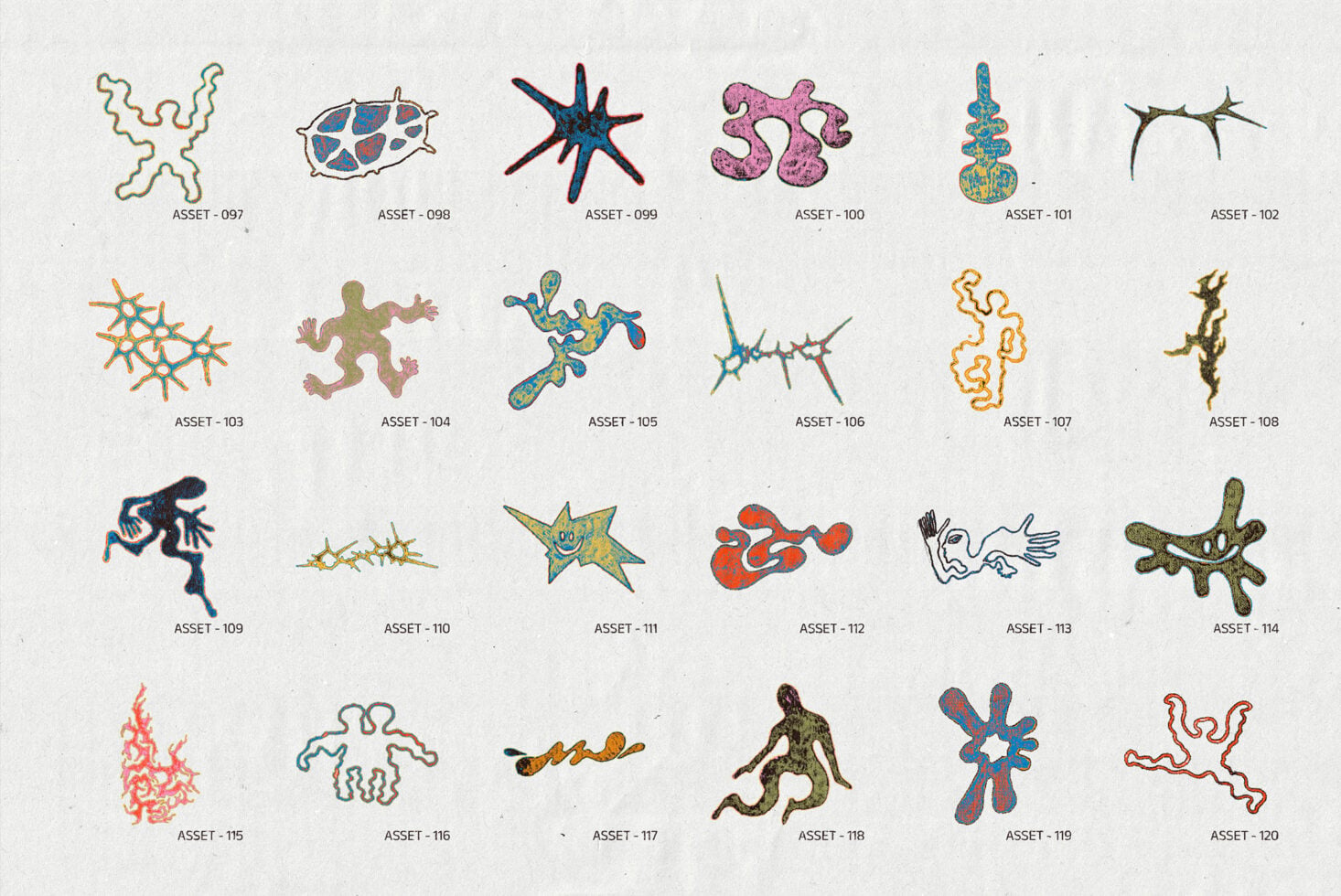 Grid of colorful abstract organism shapes, labeled assets 097 to 120
