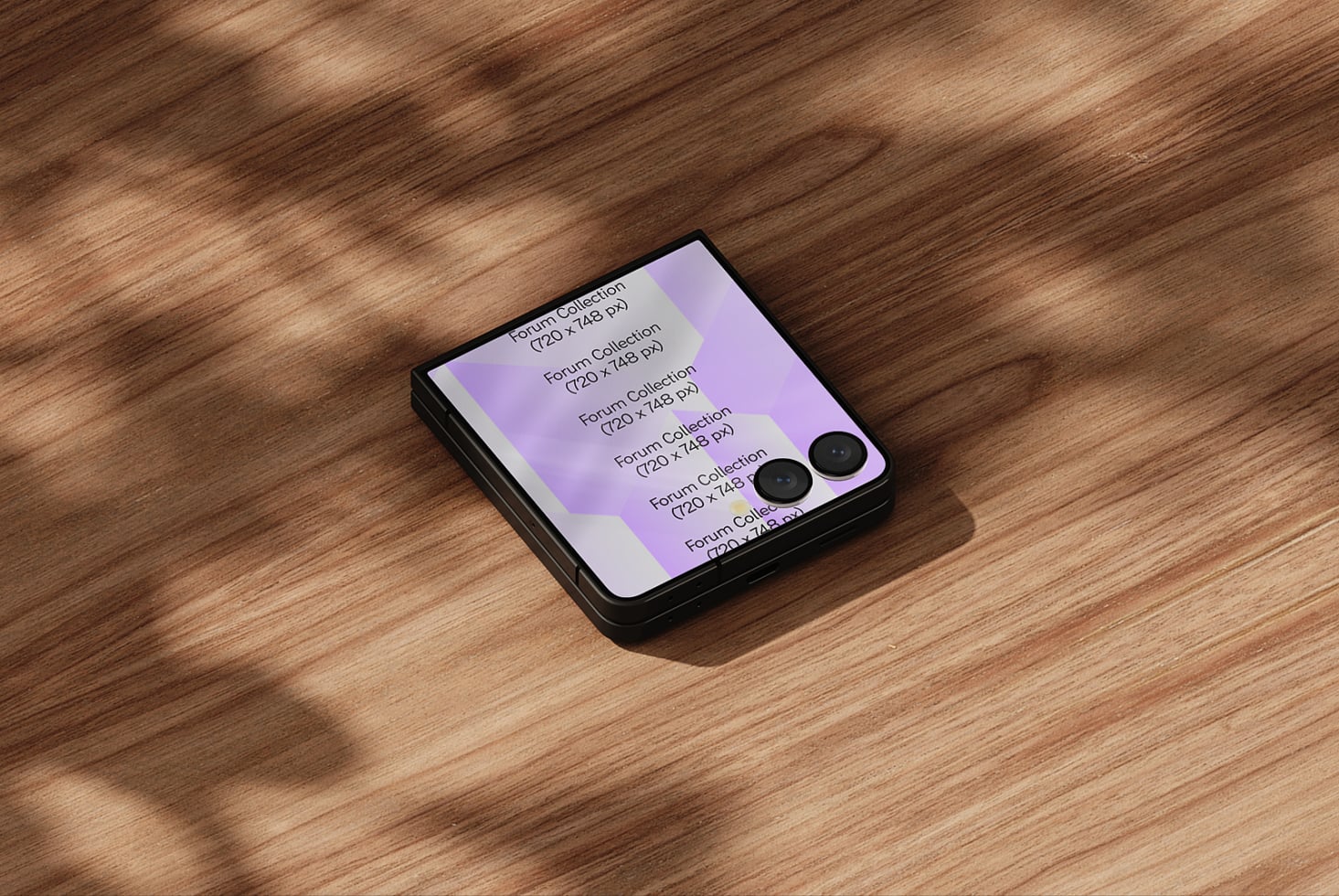 Folded phone mockup on wood surface showing purple design with dual camera