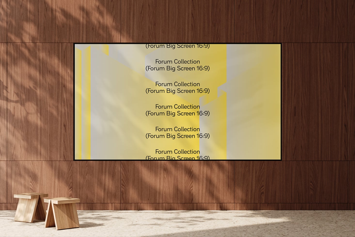 Yellow big screen display mockup mounted on wood wall with geometric shapes