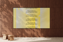 Yellow big screen display mockup mounted on wood wall with geometric shapes