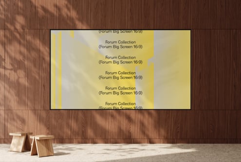 Yellow big screen display mockup mounted on wood wall with geometric shapes