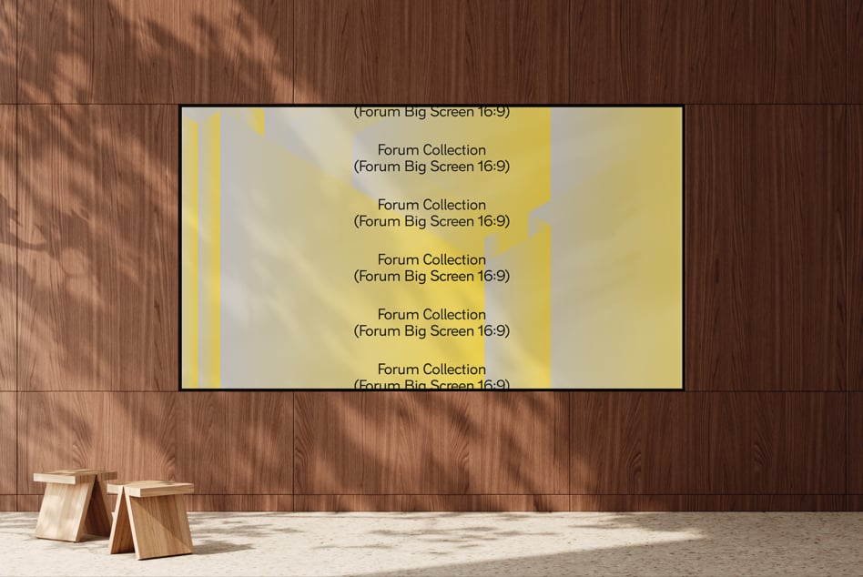 Yellow big screen display mockup mounted on wood wall with geometric shapes
