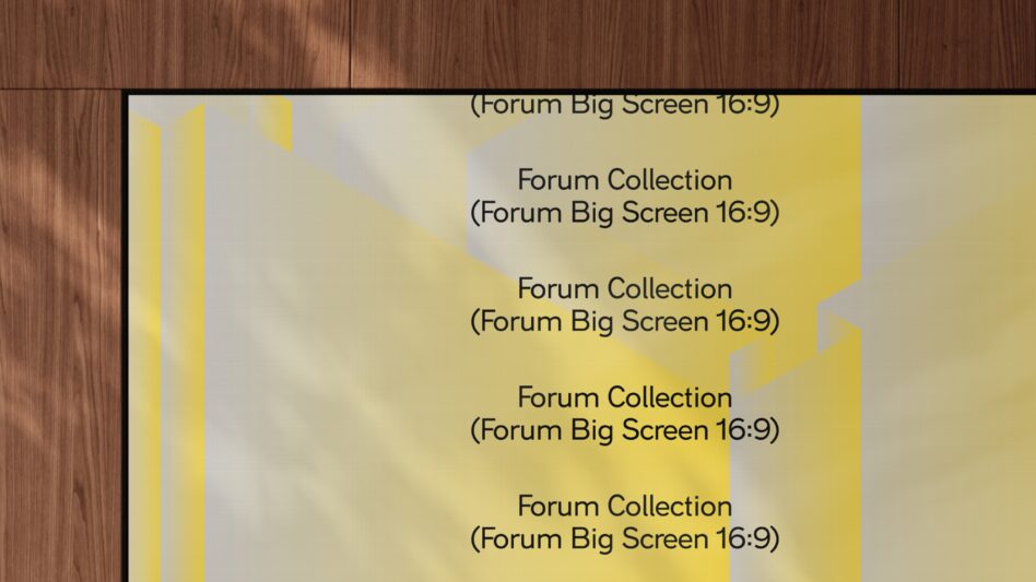 Modern conference screen mockup with wood frame background showcasing Forum Collection text repetition in 16:9 layout ideal for design presentations.