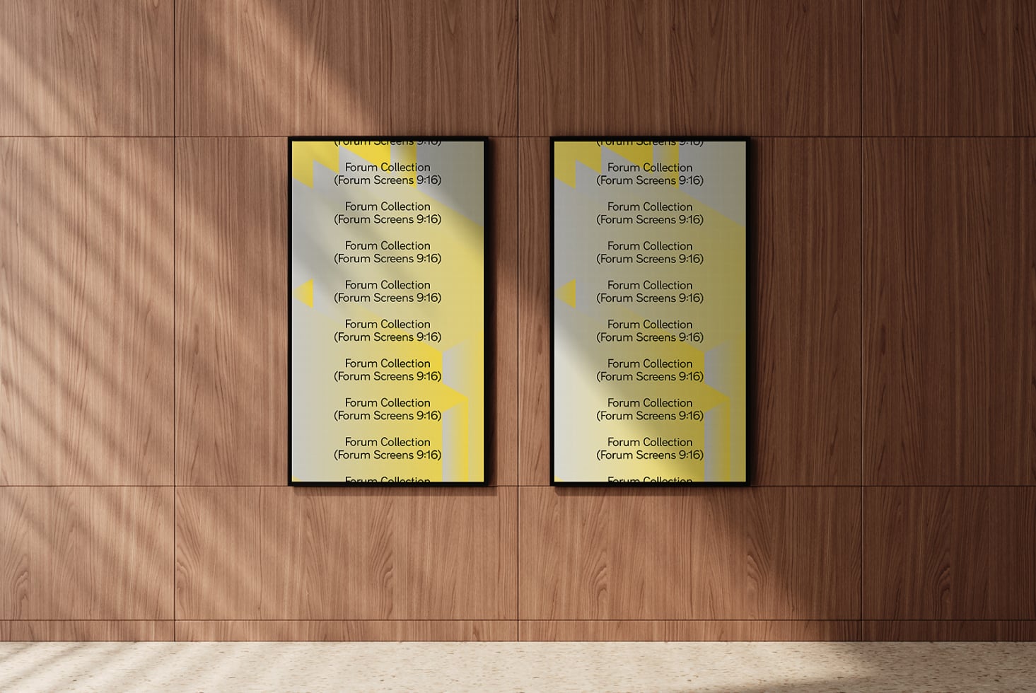 Two yellow phone screens mounted on wood wall with geometric corner accents