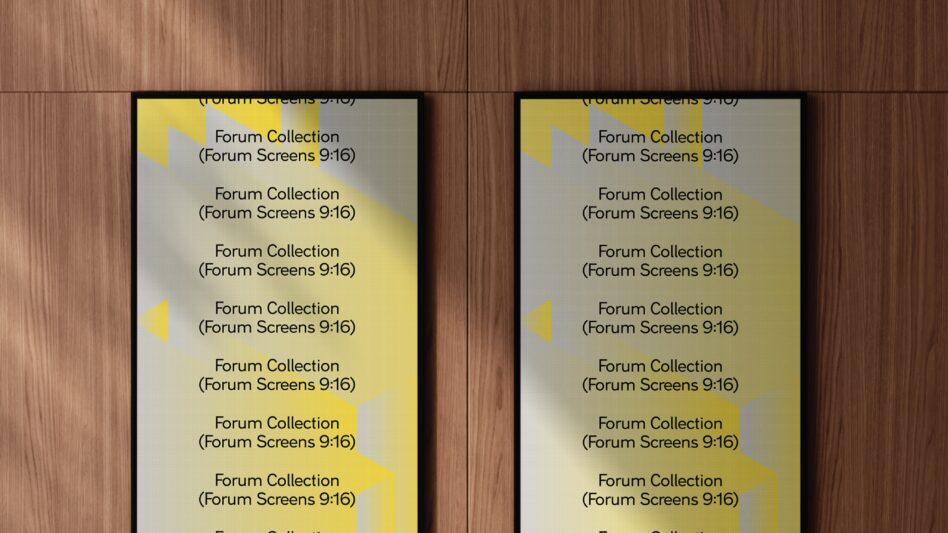 Digital poster mockup with yellow geometric design on wooden wall. Ideal for showcasing graphics in 9:16 format. Perfect for designers seeking templates.