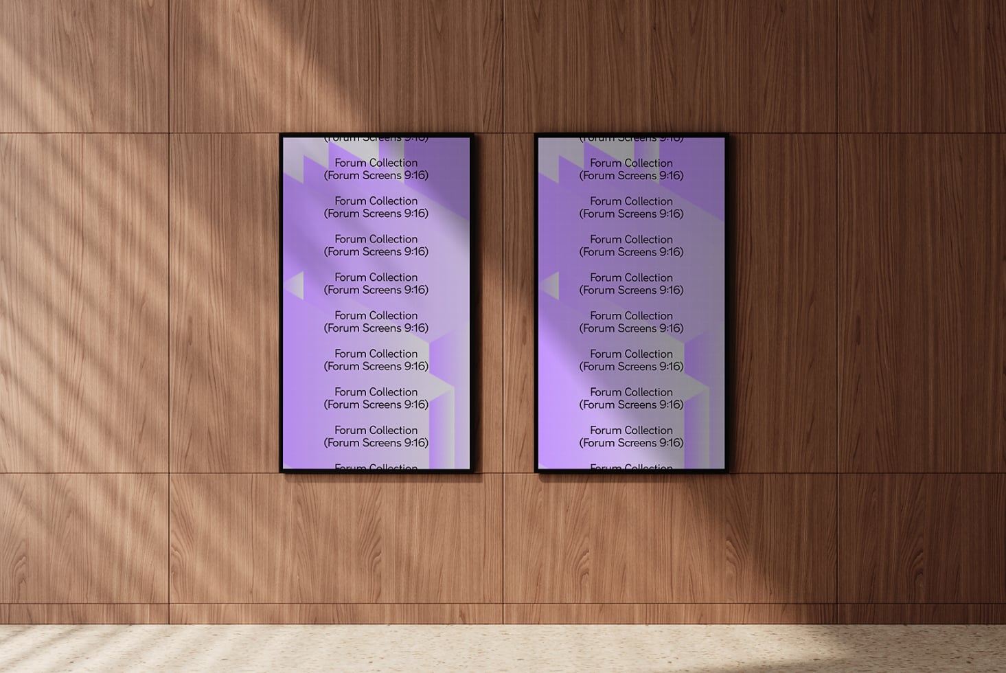 Two purple phone screens side by side on wooden wall showing geometric layouts