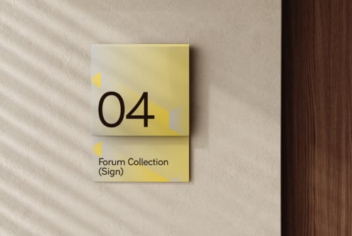 Yellow sign mockup with number 04 on textured concrete wall