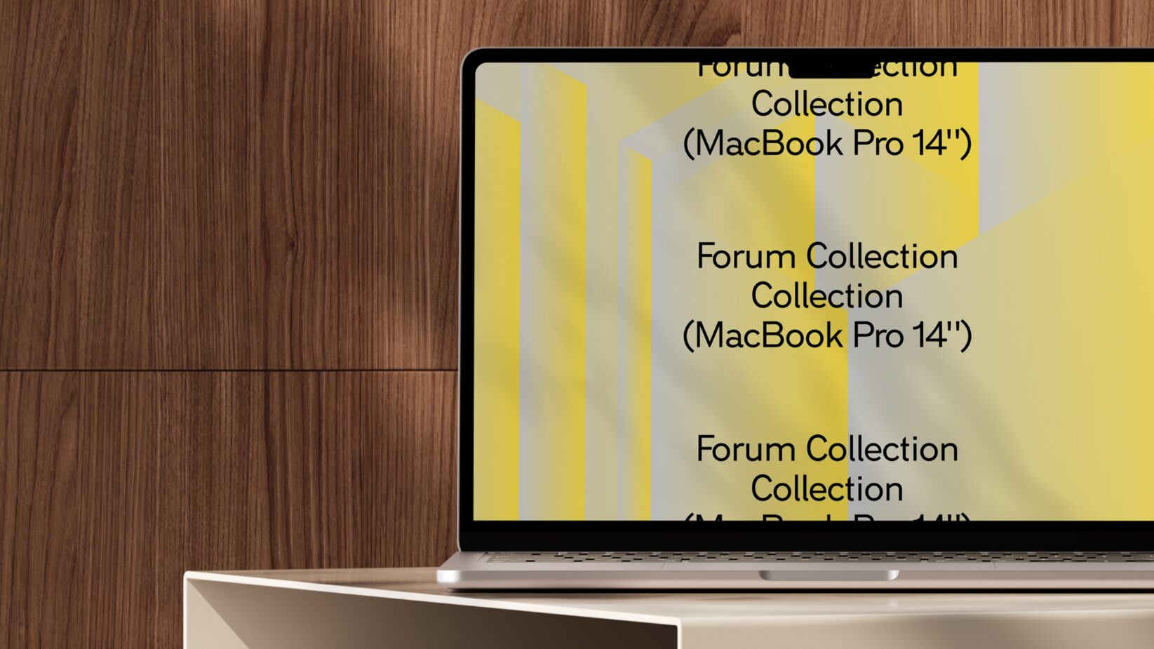 Laptop displaying Forum Collection MacBook Pro 14 inch mockup on wooden desk. Ideal for designers seeking realistic digital assets and templates.
