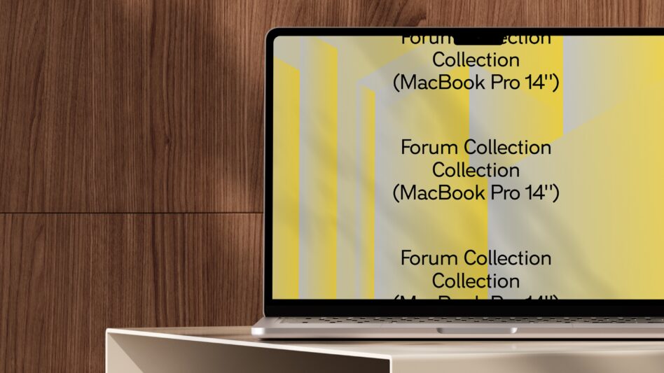 Laptop displaying Forum Collection MacBook Pro 14 inch mockup on wooden desk. Ideal for designers seeking realistic digital assets and templates.