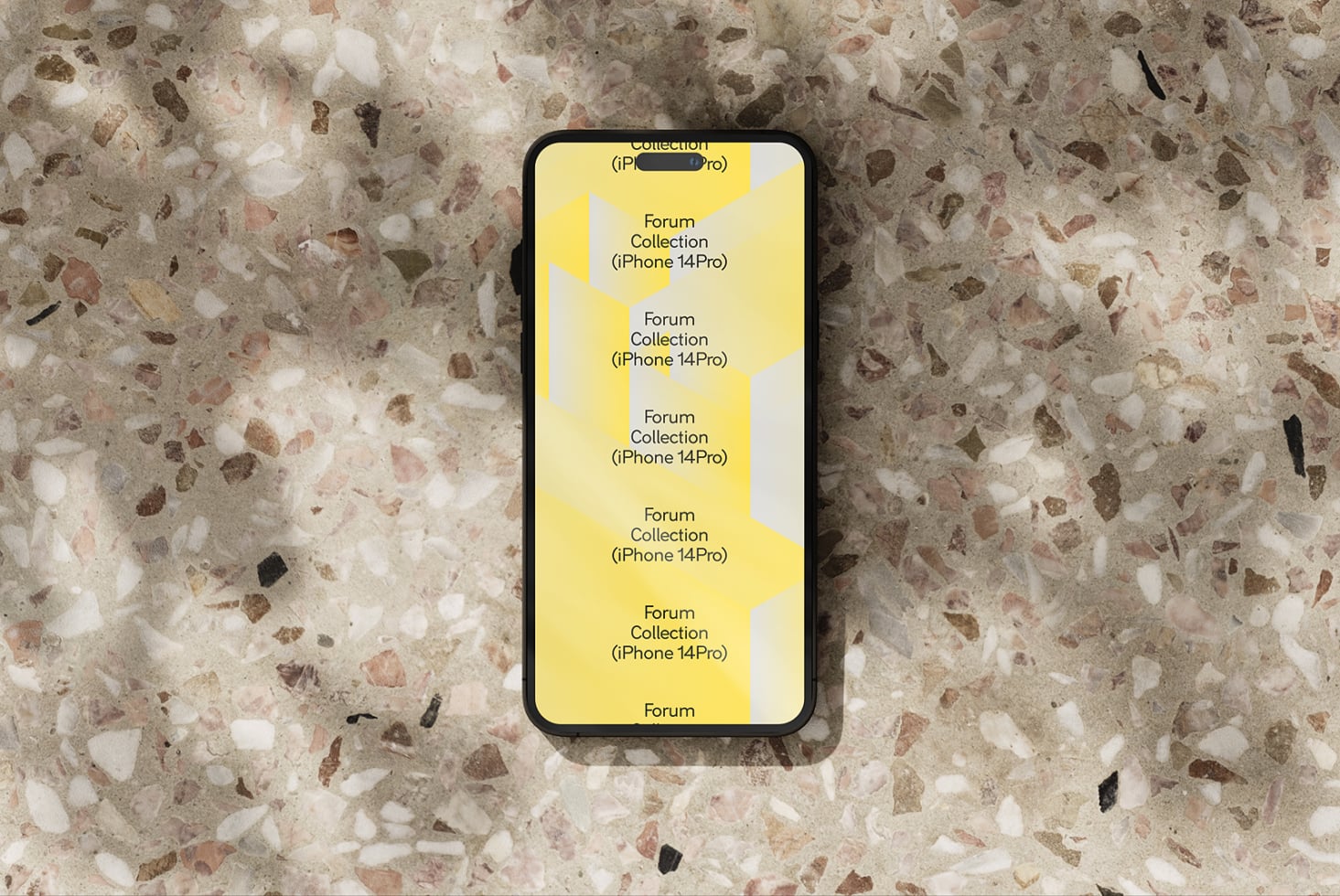 iPhone 14 Pro mockup on terrazzo surface showing yellow forum collection interface