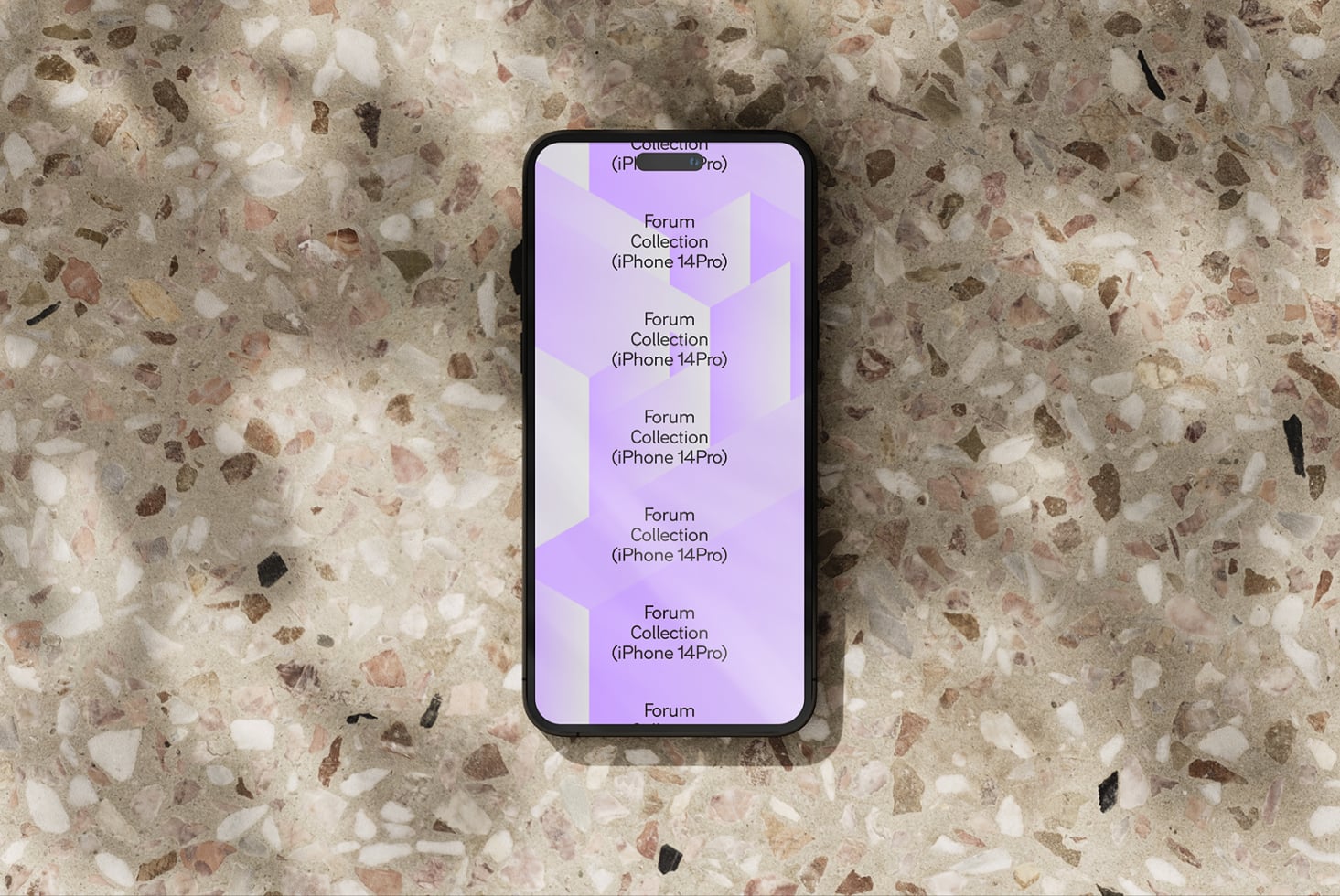 iPhone 14 Pro mockup on terrazzo surface showing purple forum collection interface