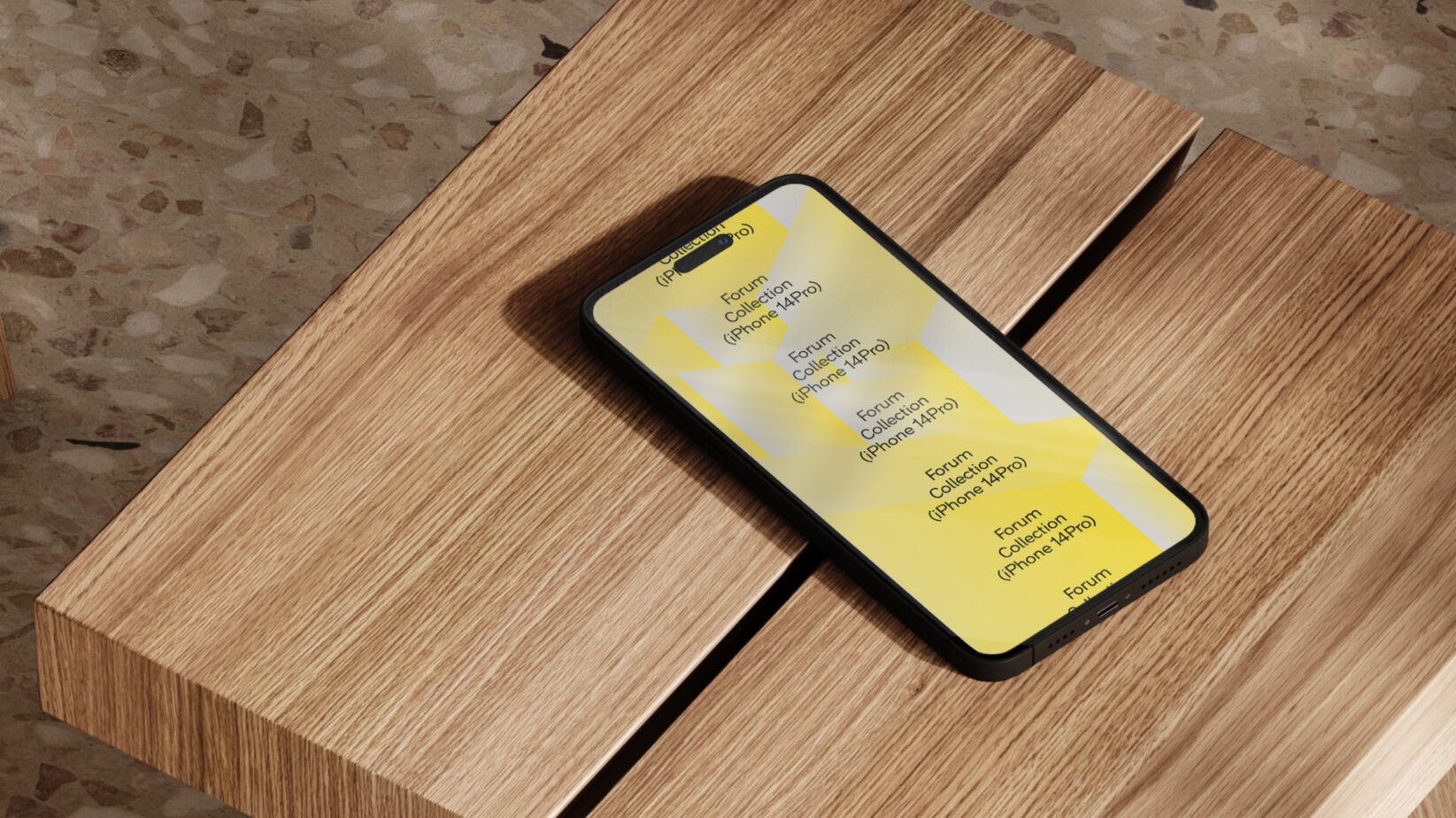 iPhone 14 Pro mockup on wooden table with yellow screen design showcasing forum collection. Ideal for designers seeking realistic phone mockups.