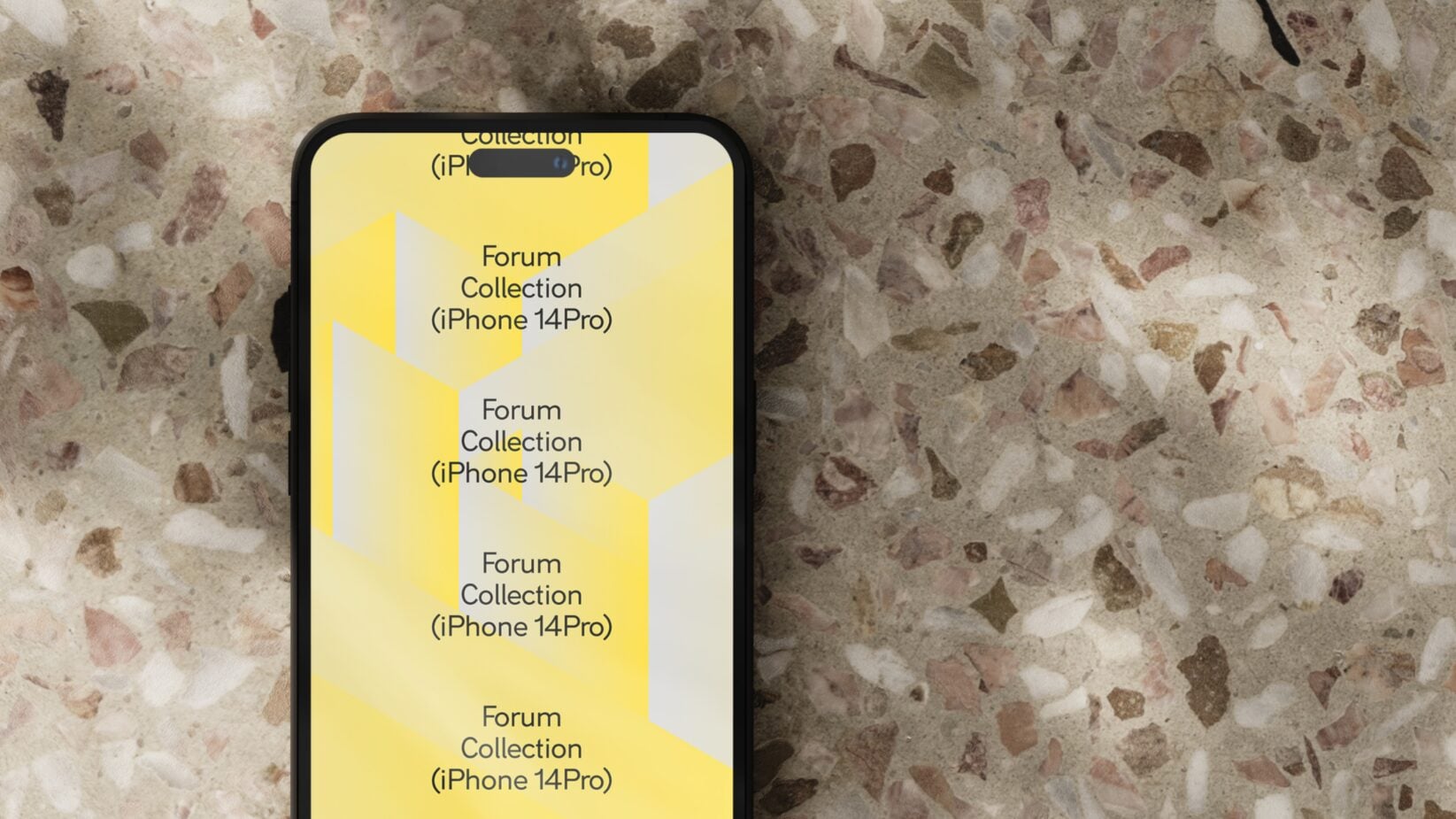 Smartphone mockup featuring Forum Collection design for iPhone 14 Pro on terrazzo surface. Ideal for graphic and template designers seeking creative assets.