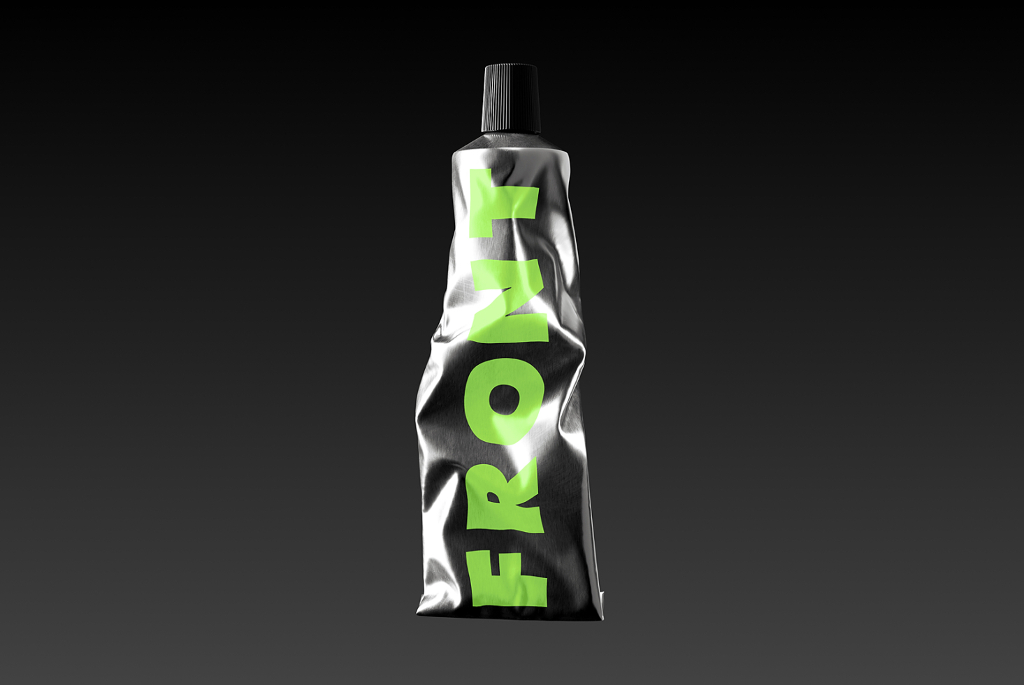Crumpled silver tube with bright lime green text cutouts on black backdrop