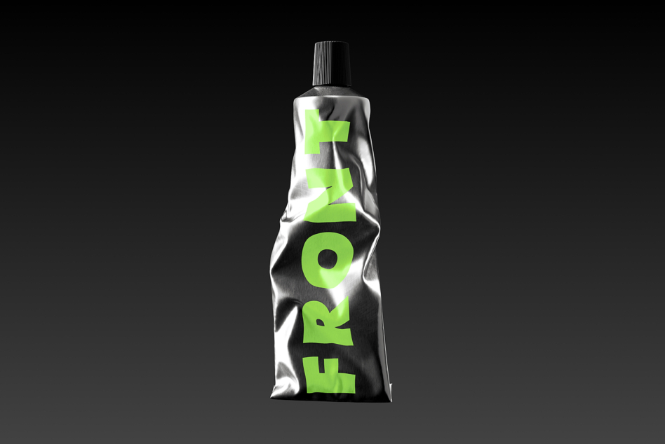 Crumpled silver tube with bright lime green text cutouts on black backdrop