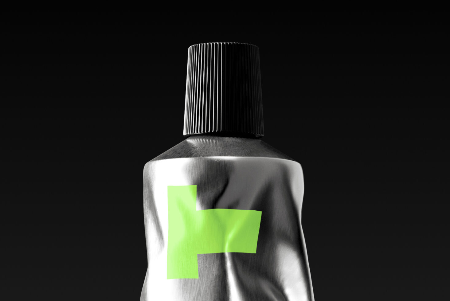 Dark bottle mockup with grooved top, neon green label design cutout, metallic finish on black