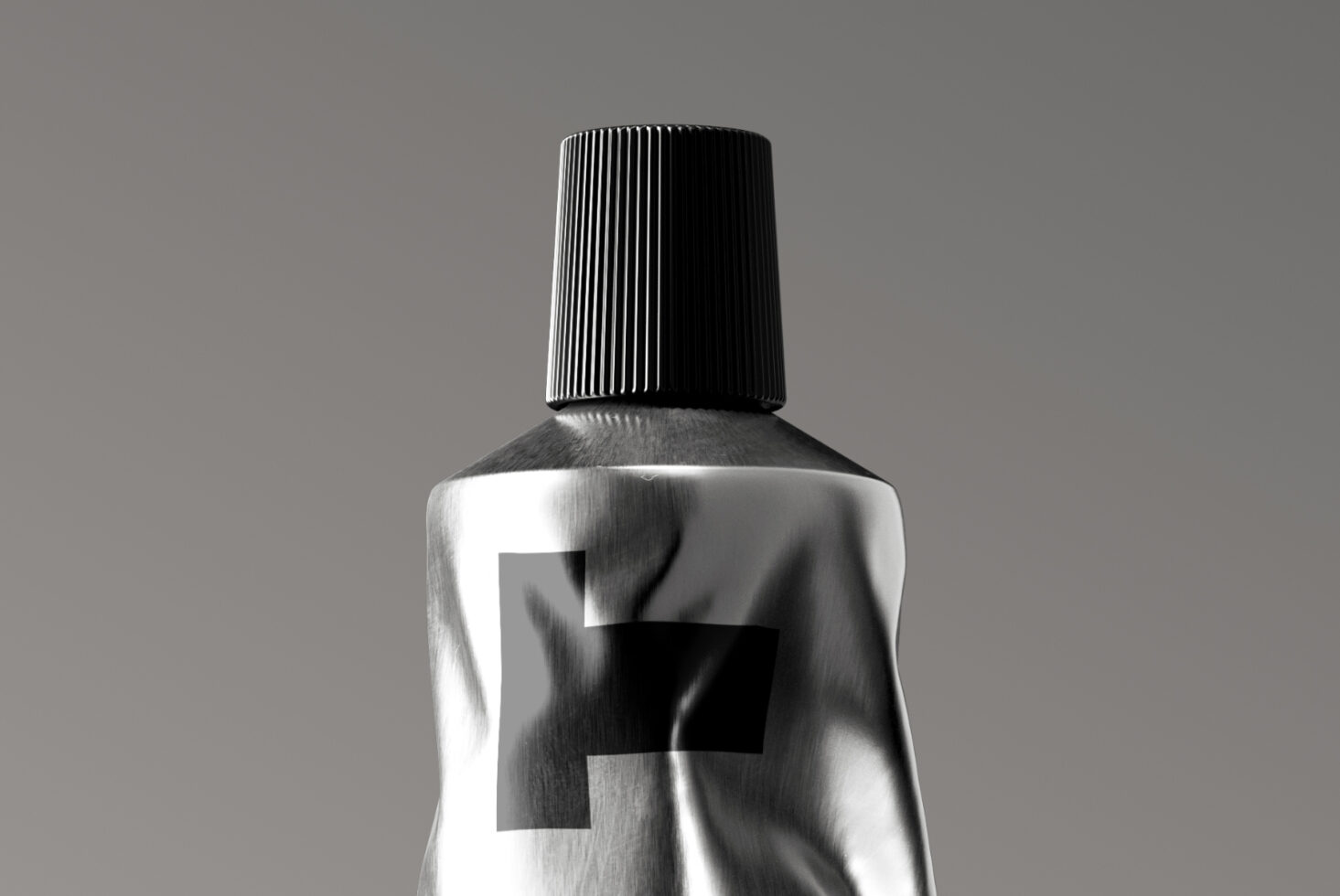 Skincare bottle mockup with ribbed cap, brushed metal texture, editable label area on white background