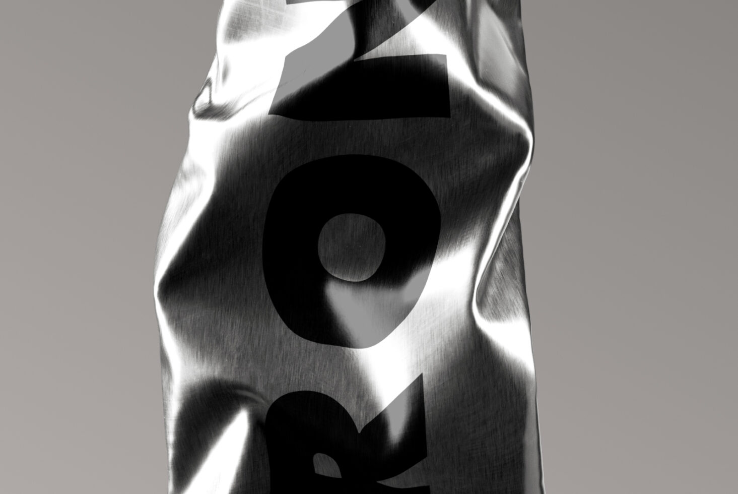 Cosmetic pump bottle mockup, metallic finish with geometric negative space cutouts, studio lighting