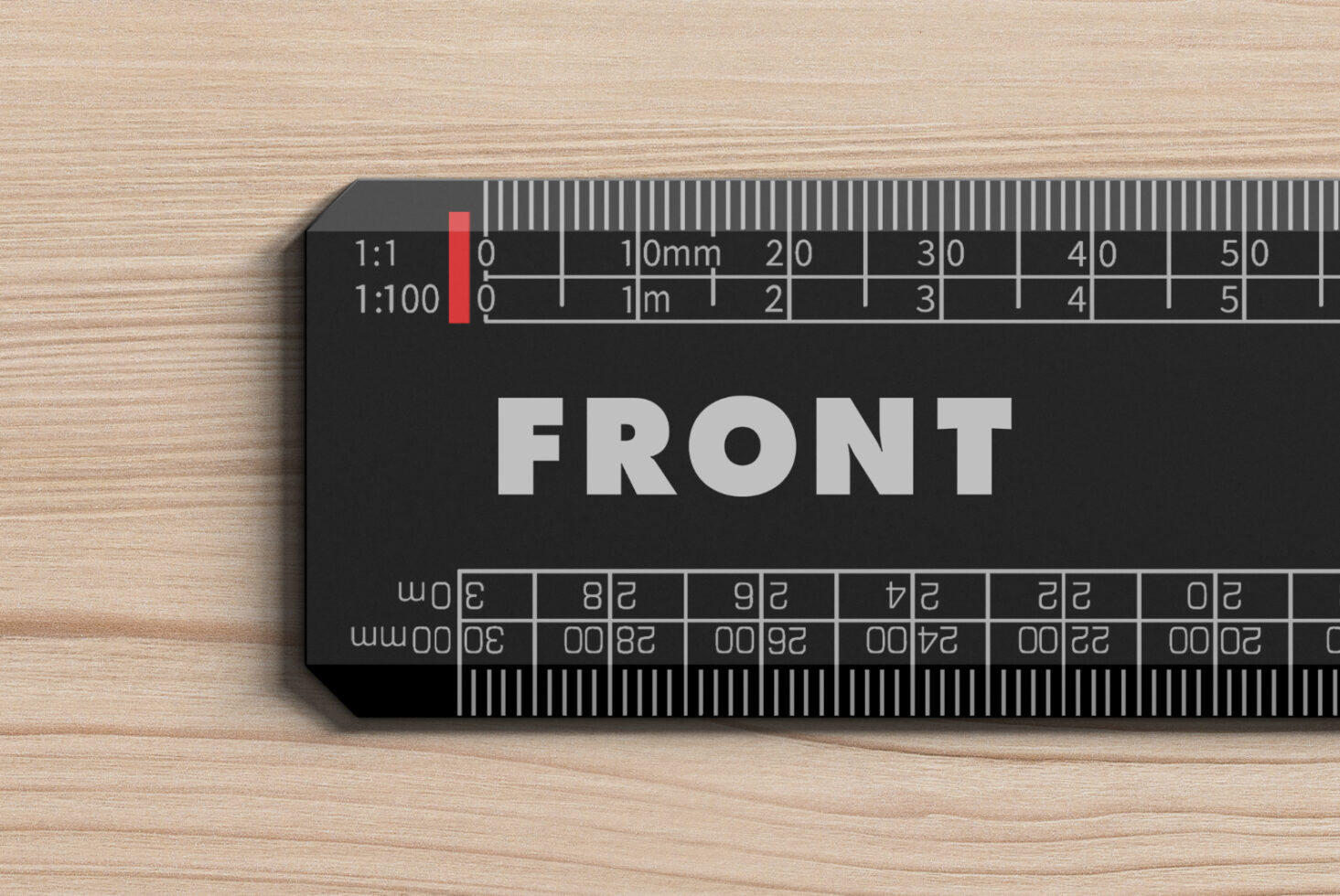 Black scale ruler mockup with red indicator on light wood surface