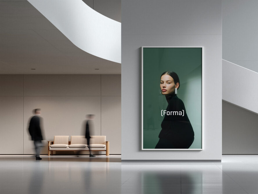 Modern lobby with portrait photo in green frame on wall
